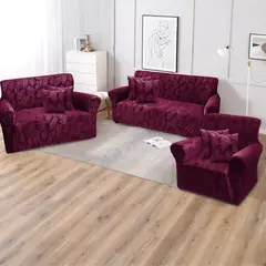 SALA FABULOSA - Funda de mueble 3-2-1 con 6 fundas de cojín terciopelo labrado GUINDA
