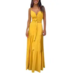 TIOZONEY - Vestido Largo Mujer-Amarillo