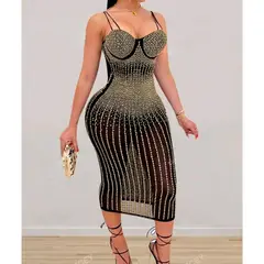 GENERICO - Vestido de Cóctel Fiesta Negro en Pedreria Dorado