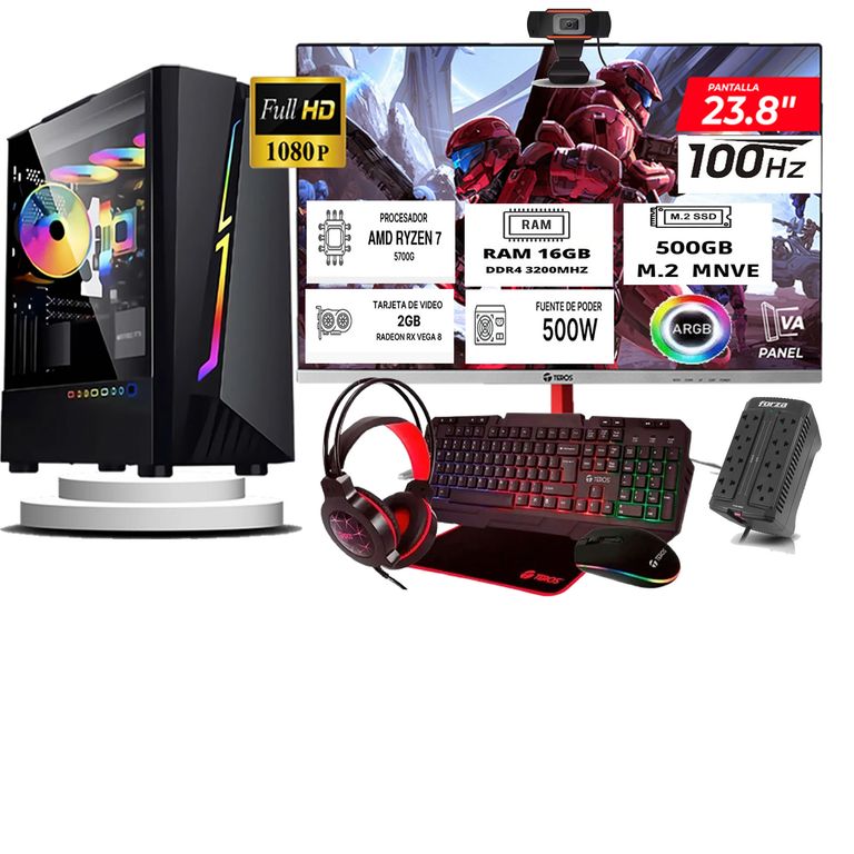 Computadora ryzen 7 5700g ram 16gb ssd 500 monitoR Curvo 24 full hd web cam