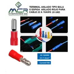 GENERICO - TERMINAL AISLADO TIPO BALA O ESPIGA AISLADO ROJO PARA CABLE 22 A 16AWG 20UND