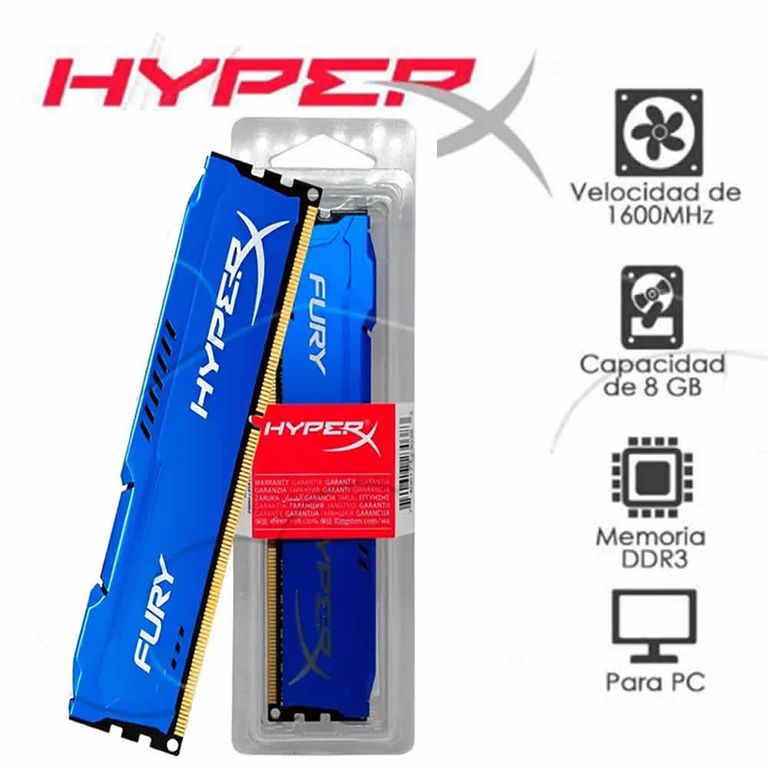 Memoria RAM HyperX Fury Blue, 8GB, DDR3, 1600 MHz