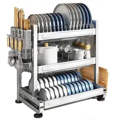 GENERICO - Moderno escurridor de platos de 3 niveles de acero inoxidable