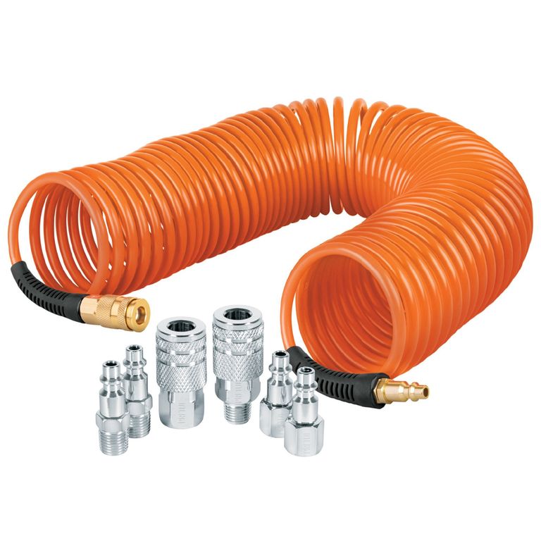 Kit manguera de aire 15m tipo resorte, 6 CONECTORES RAPIDOS