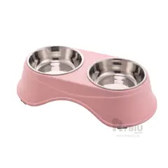 RYBIU IMPORT - Comedero Alto Doble con Platos de Acero Perros Rosado