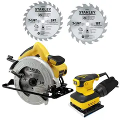 STANLEY - Sierra Circular Eléctrica 1600 W + 2 DISCOS Lijadora Orbital 240W