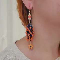 GENERICO - Aretes Largos Azul noche y Naranja Canutillos Hecho a mano ByMatinella