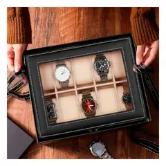 GENERICO - Organizador Porta Relojes de Cuero Sintetico en Color Negro
