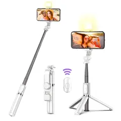 GENERICO - Palo Selfie Stick Con Mando Bluetooth y luz led Blanco