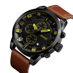 Skmei - Reloj 1309 Marrón detalles Amarillos Cronómetro Correa de cuero