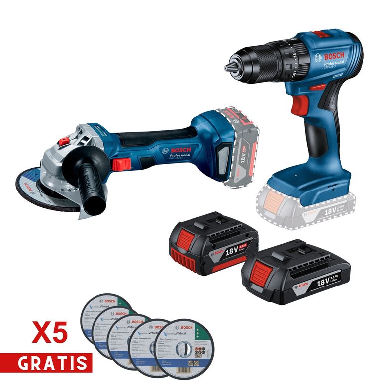 Combo Amoladora inalámbrica GWS 180-LI+Taladro atornillador Percutor GSB 185-LI