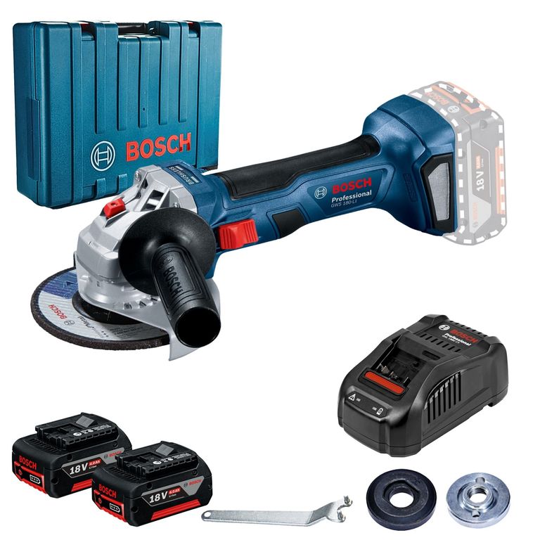 Amoladora inalámbrica 18V profesional GWS 180-LI + 2 baterías +Maletín