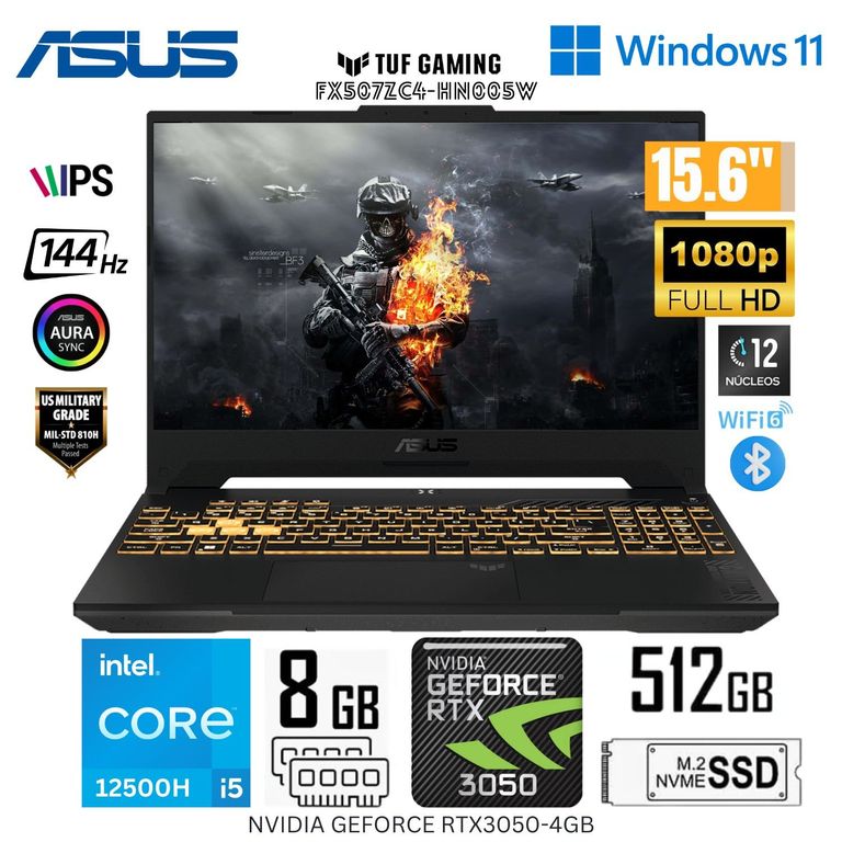 Laptop Tuf Gaming FX507ZC4-HN005W Intel Corei5-12500H RAM 8GB SSD 512GB 15.6" FHD RTX3050-4GB