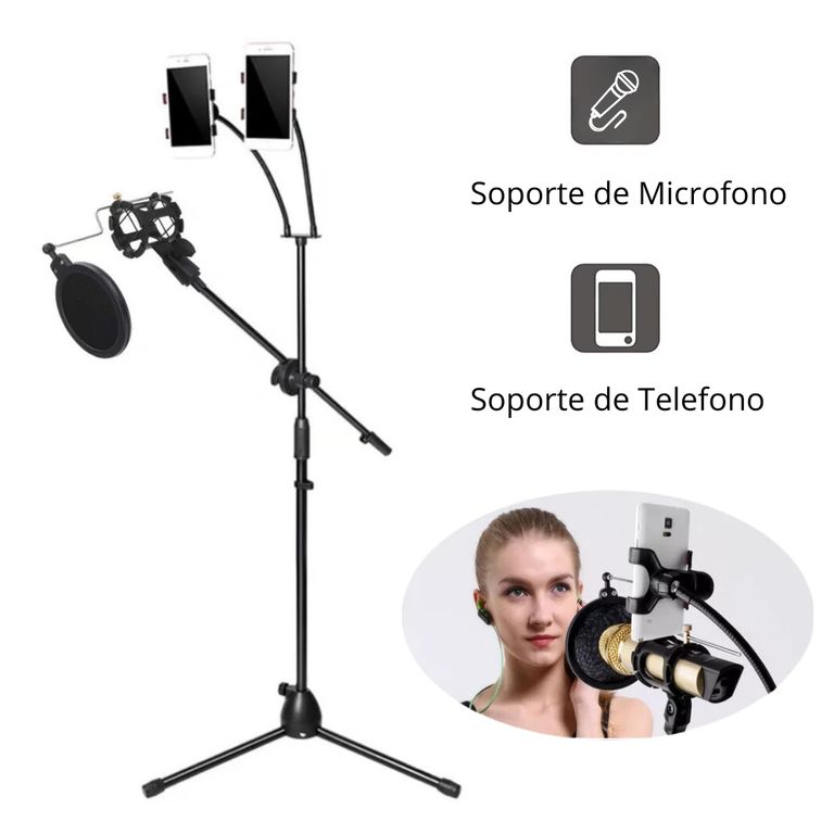 Tripode 170cm Brazo para Microfono Doble Soporte Holder Celular Flexible Transmisiones en Vivo LIVE