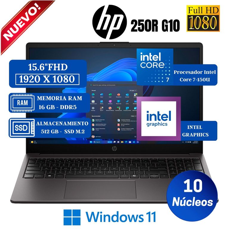 Laptop 250R G10 15.6" FHD, Intel Core 7-150U, 13va Gen, Ram 16GB, Ssd 512 GB, Win 11