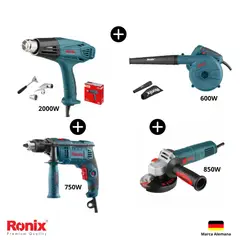 RONIX - Combo Taladro + Amoladora 850W + Pistola Calor 2000W + Soplador