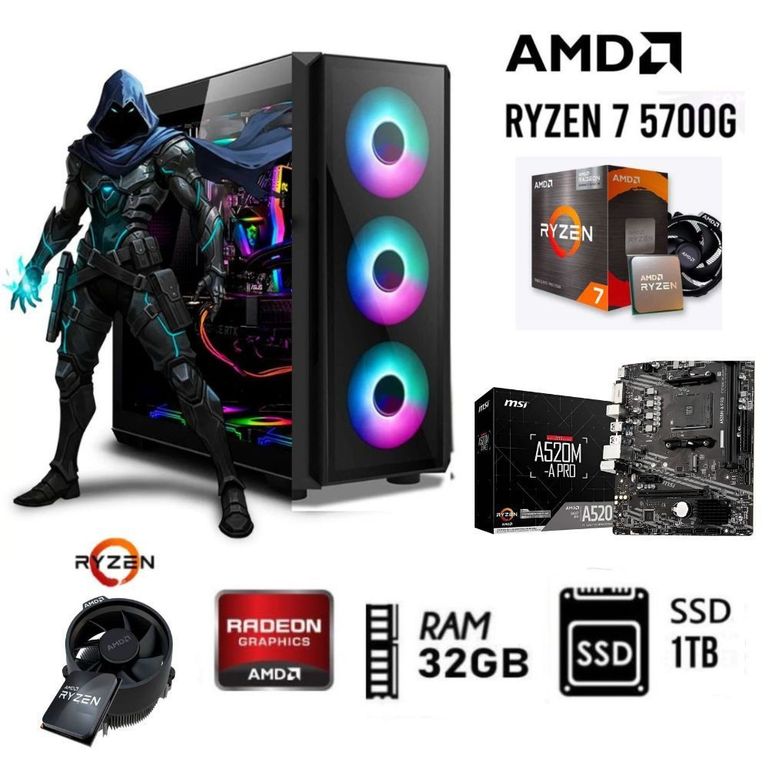 Computadora PC GAMER RYZEN 7 5700G 3.2Ghz RAM 32GB DISCO SOLIDO 1TB, CASE 500W