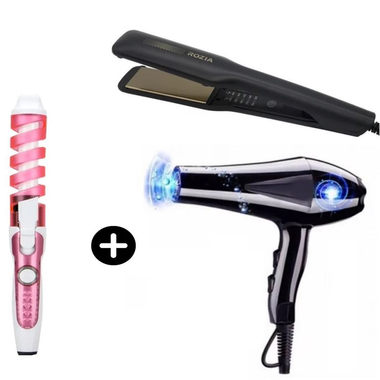 Trio Pack Secadora + Rizadora Cabello + Plancha Placa Cerámica Rozia