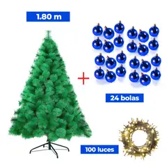 GENERICO - COMBO ARBOL NAVIDEÑO 1,80 M.+ 24 BOLAS AZUL + LUCES 100 FOCOS