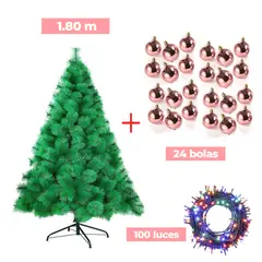 GENERICO - COMBO ARBOL NAVIDEÑO 1,80 M.+ 24 BOLAS ROSADO + LUCES 100 FOCOS -MU