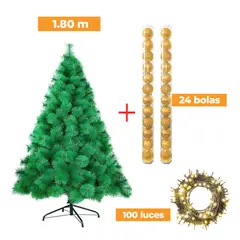 GENERICO - COMBO ARBOL NAVIDEÑO 2.10 M.+ 24 BOLAS NARANJA + LUCES 100 FOCOS