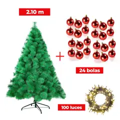 GENERICO - COMBO ARBOL NAVIDEÑO 2.10 M.+ 24 BOLAS ROJO + LUCES 100 FOCOS