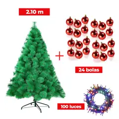 GENERICO - COMBO ARBOL NAVIDEÑO 2.10 M.+ 24 BOLAS ROJO + LUCES 100 FOCOS MU