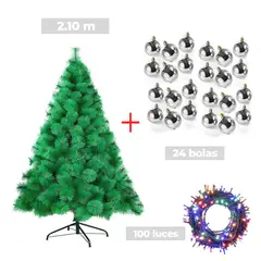 GENERICO - COMBO ARBOL NAVIDEÑO 2.10 M.+ 24 BOLAS PLATEADO + LUCES 100 FOCOS MU