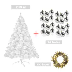 GENERICO - COMBO ARBOL NAVIDEÑO BLANCO 2.10 M.+ 24 BOLAS AZUL + LUCES