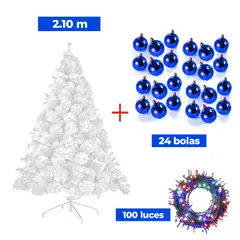 GENERICO - COMBO ARBOL NAVIDEÑO BLANCO 2.10 M.+ 24 BOLAS AZUL + LUCES MU
