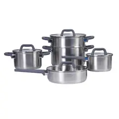 OSTER - Juego de Ollas 9 piezas Acero inoxidable Beauford acabado plata