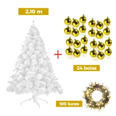 GENERICO - COMBO ARBOL NAVIDEÑO BLANCO 2.10 M.+ 24 BOLAS DORADO + LUCES