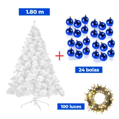 GENERICO - COMBO ARBOL NAVIDEÑO BLANCO 180 M.+ 24 BOLAS AZUL + LUCES