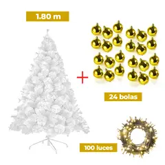 GENERICO - COMBO ARBOL NAVIDEÑO BLANCO 180 M.+ 24 BOLAS DORADO + LUCES