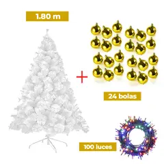 GENERICO - COMBO ARBOL NAVIDEÑO BLANCO 180 M.+ 24 BOLAS DORADO + LUCES MU