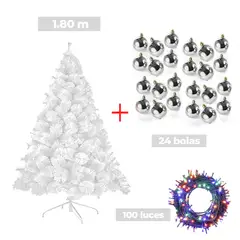 GENERICO - COMBO ARBOL NAVIDEÑO BLANCO 180 M.+ 24 BOLAS PLATEADO + LUCES MU
