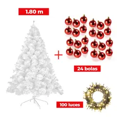 GENERICO - COMBO ARBOL NAVIDEÑO BLANCO 180 M.+ 24 BOLAS ROJO + LUCES
