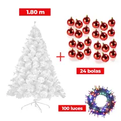 GENERICO - COMBO ARBOL NAVIDEÑO BLANCO 180 M.+ 24 BOLAS ROJO + LUCES MU