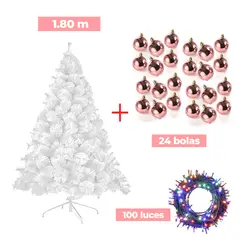 GENERICO - COMBO ARBOL NAVIDEÑO BLANCO 180 M.+ 24 BOLAS ROSA + LUCES MU
