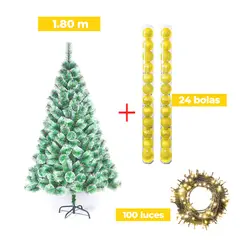 GENERICO - COMBO ARBOL NAVIDEÑO PUNTAS NEVADAS 180 M.+ 24 BOLAS DORADA + LUCES
