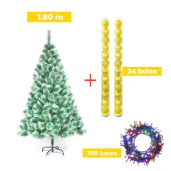 GENERICO - COMBO ARBOL NAVIDEÑO PUNTAS NEVADAS 180 M.+ 24 BOLAS DORADA + LUCES MU