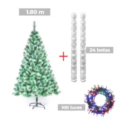 GENERICO - COMBO ARBOL NAVIDEÑO PUNTAS NEVADAS 180 M.+ 24 BOLAS PLATEADO + LUCES MU