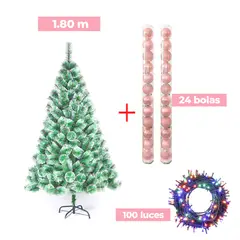 GENERICO - COMBO ARBOL NAVIDEÑO PUNTAS NEVADAS 180 M.+ 24 BOLAS ROSA + LUCES MU