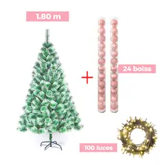 GENERICO - COMBO ARBOL NAVIDEÑO PUNTAS NEVADAS 180 M.+ 24 BOLAS ROSA + LUCES