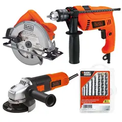 BLACK+DECKER - Taladro Percutor 1/2" 550W+Sierra Circular 7 1/4" 1400W+Amoladora 4 1/2" 820W+Set Brocas 8 Pzas