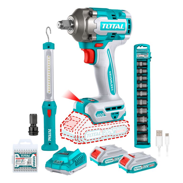 Mega Combo Llave de Impacto 400Nm 20v+ dados impacto + lámpara Total