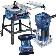 BOSCH - Sierra de Mesa 10" 1800W + Fresadora 1/4" 550W + Lijadora Orbital 220W