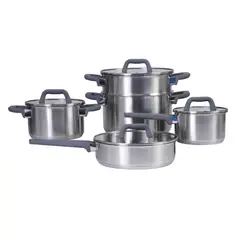 OSTER - Juego de Ollas 9 piezas Acero inoxidable Beauford acabado plata