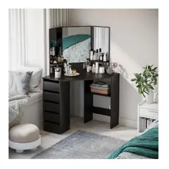 TU MESITA - Tocador Esquinero Sigrid color Negro 3 espejos 5 cajones