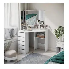 TU MESITA - Tocador Esquinero Sigrid color Blanco 3 espejos 5 cajones